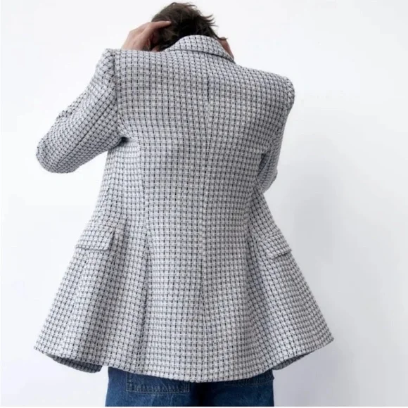 Zara Woman Double Breasted Texture Weave Tweed Blazer Jacket Blue White Size S - Picture 5 of 14